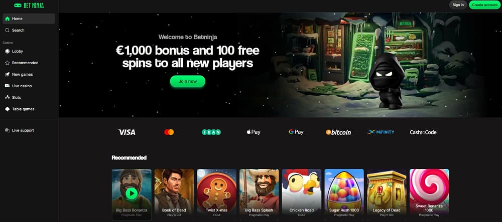 Betninja Casino-Startseite mit einem Cartoon-Ninja vor einem verschneiten Automaten, der einen 1.000 € Bonus und 100 Freispiele für neue Spieler bewirbt. Die dunkle Oberfläche bietet Navigation für Slots, Live-Casino, Tischspiele und empfohlene Titel wie Book of Dead, Sugar Rush 1000 und Big Bass Bonanza.